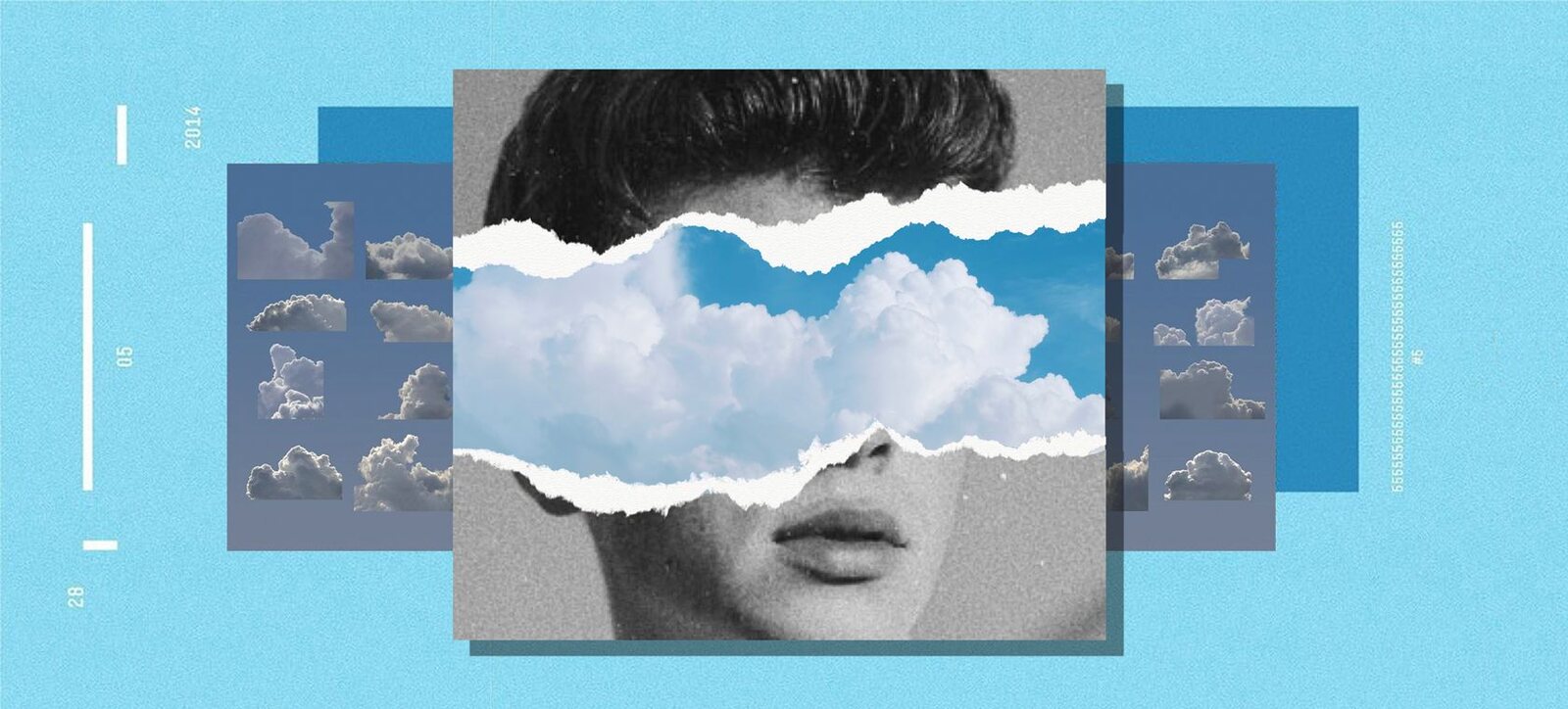 A torn-paper collage of a face and cloud formations